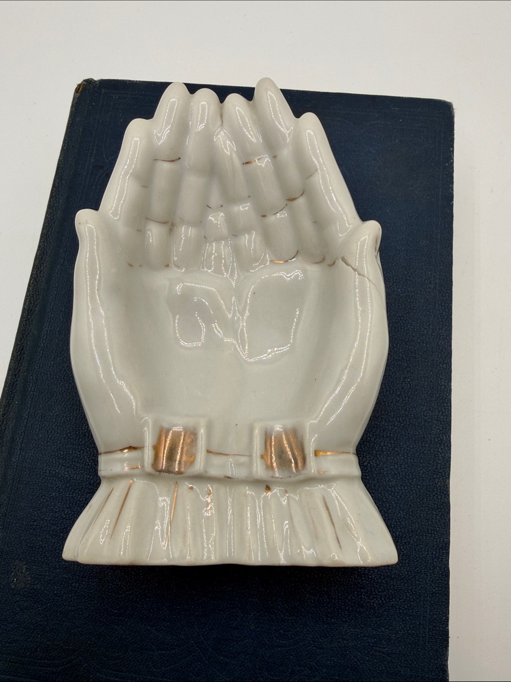 White Ceramic Hand Dish with Gold Accents